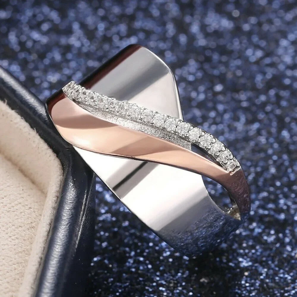 Fabulous Unisex Two-Tone 14k Rose Gold 925 Silver Diamond Band